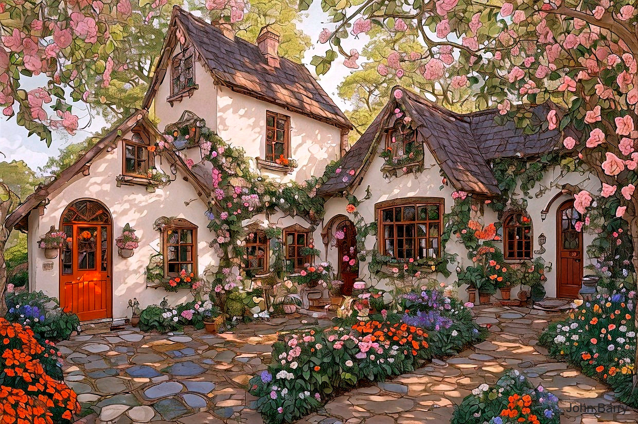 Charming Cottage Surrounded by Colorful Flowers