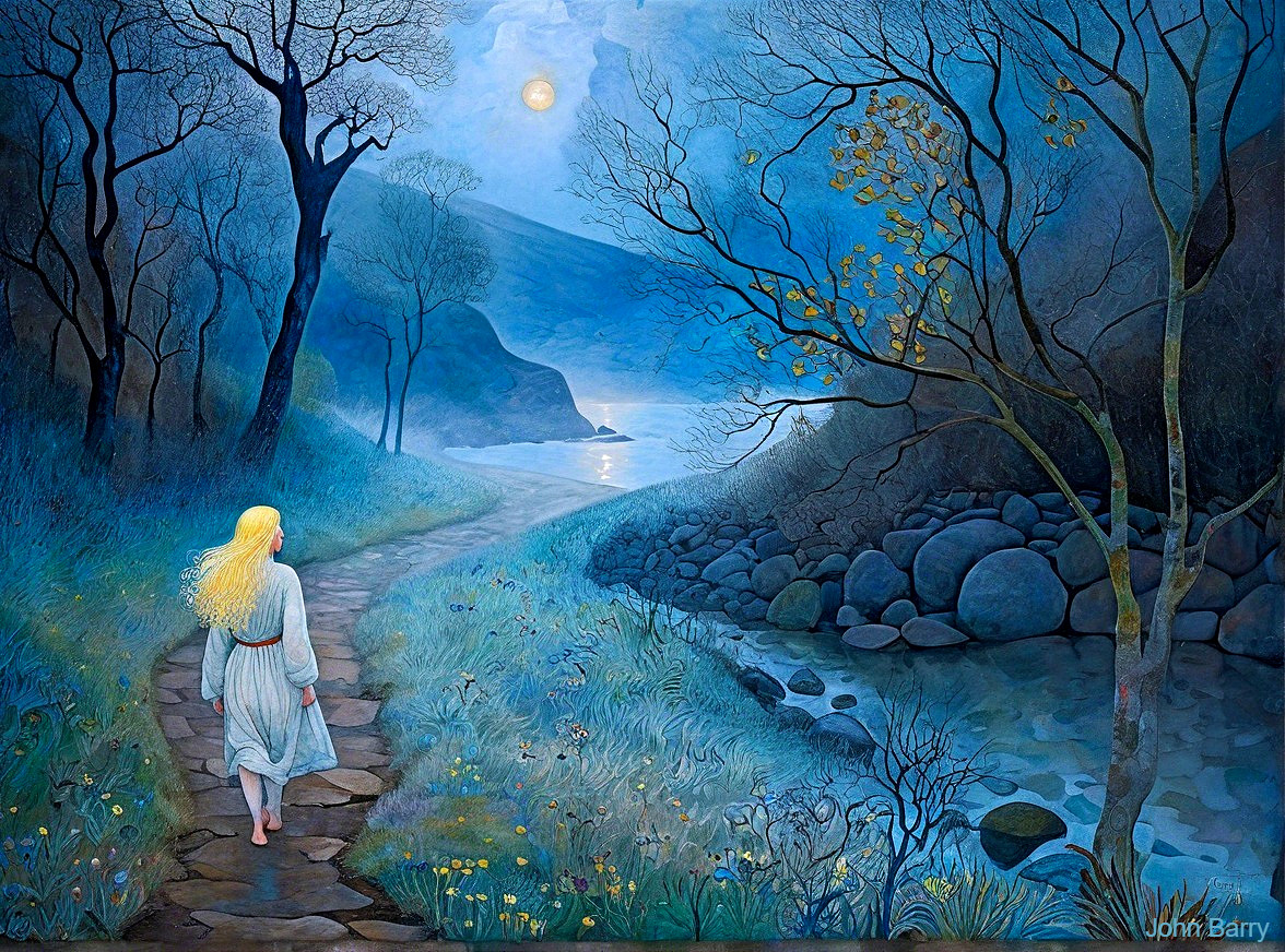 Twilight Landscape with Girl in White Dress and River