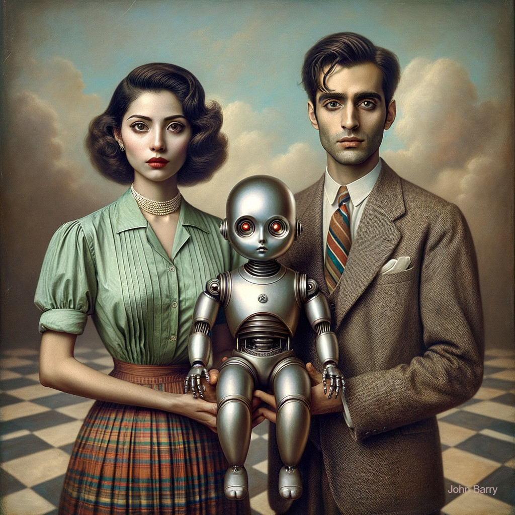 1940s Couple Portrait with Robot Child in Checkered Room