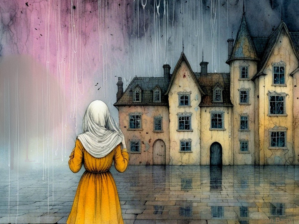 Solitary Figure in Yellow Dress by Weathered Mansion