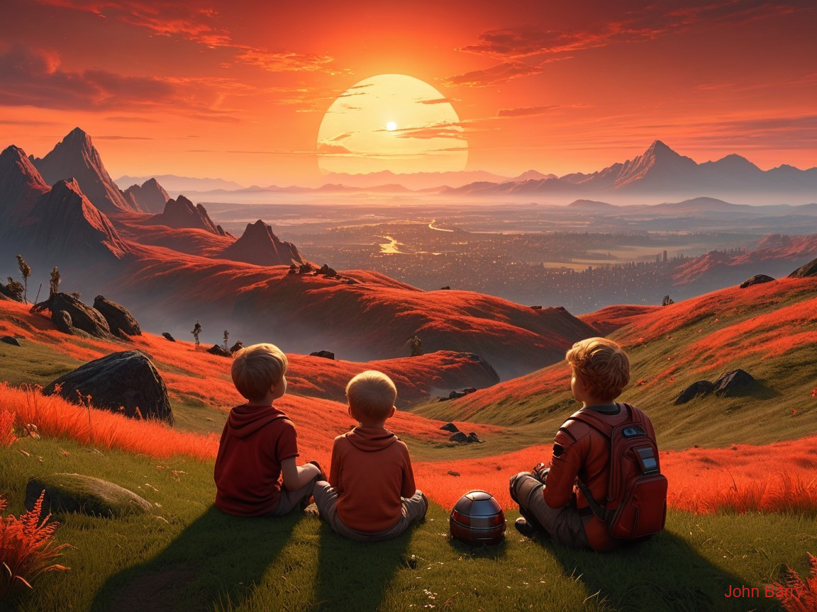 Children on Orange Landscape Watching Sunset Over Mountains