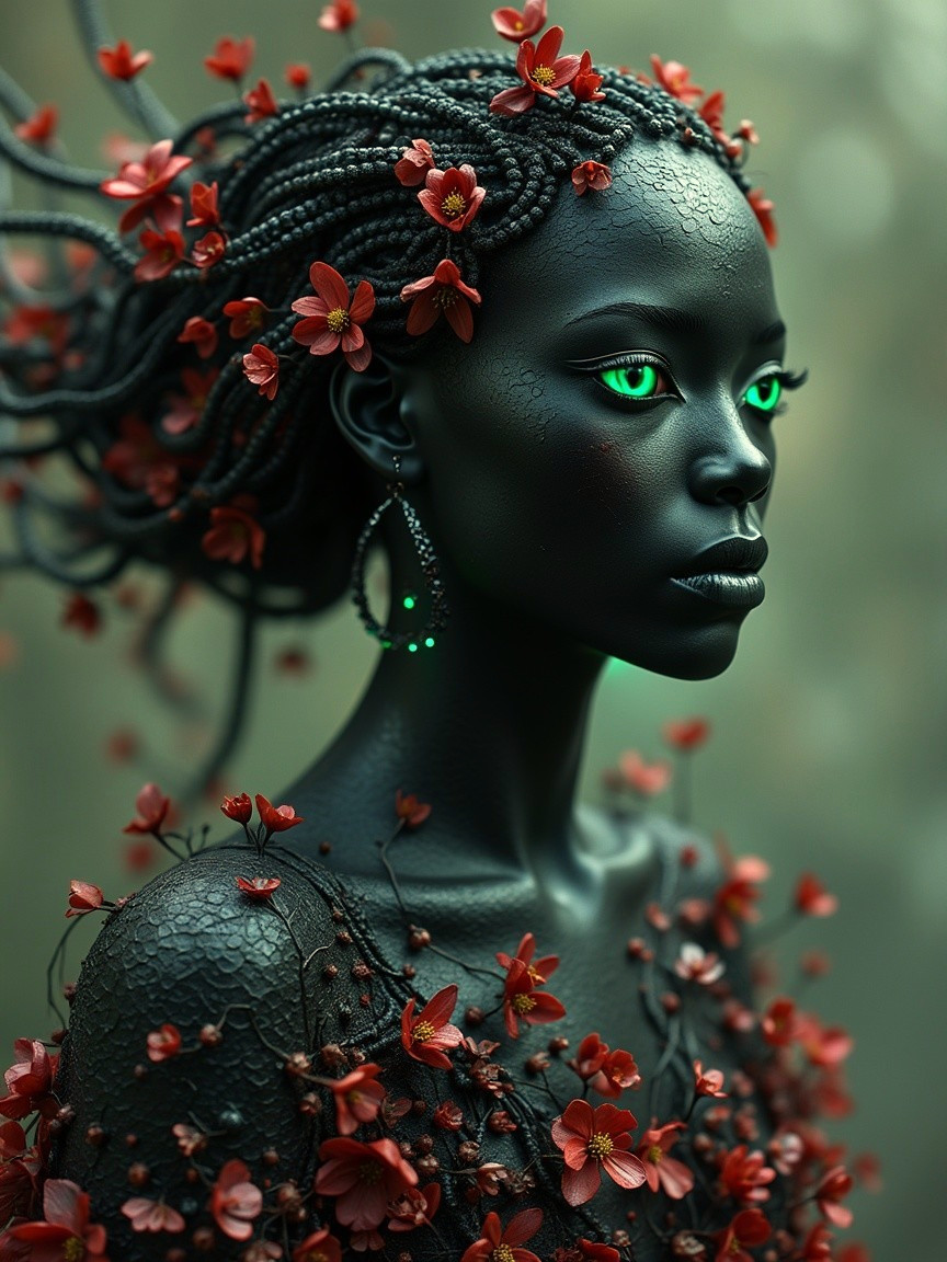Figure with Dark Skin, Braids, and Red Flowers
