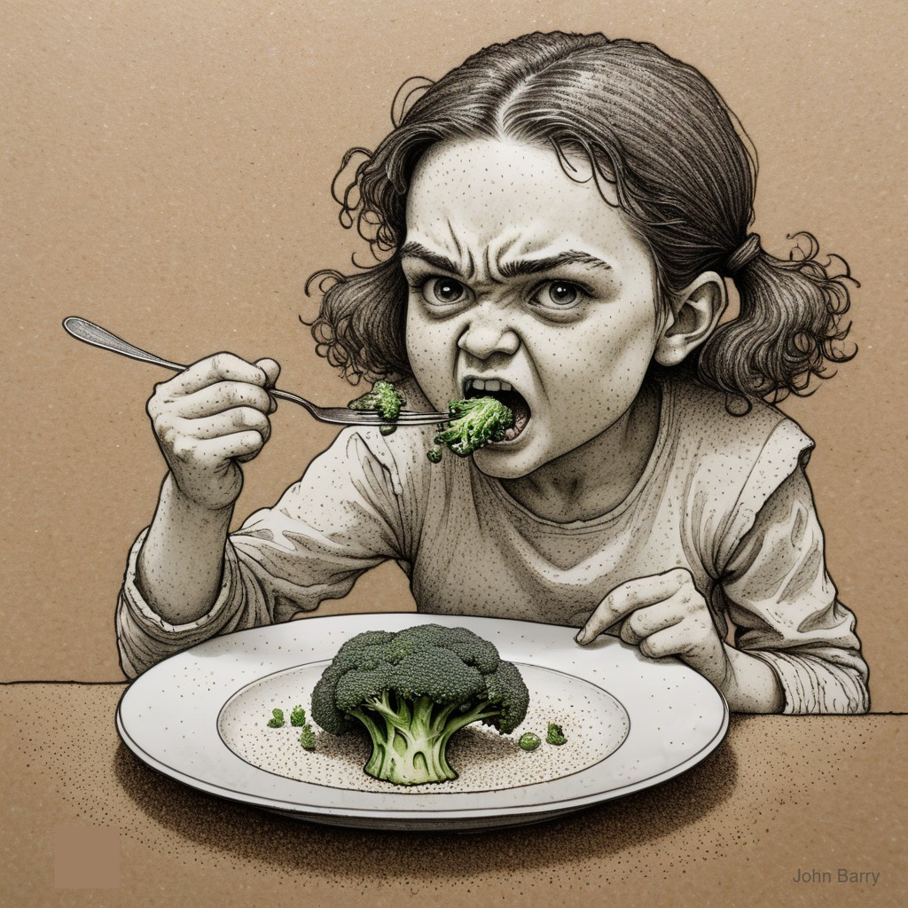 Young Girl's Displeasure Eating Broccoli Artwork