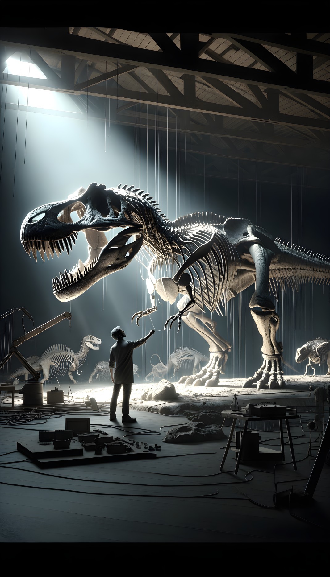 Person standing in dimly lit warehouse with T-rex skeleton and dinosaur fossils
