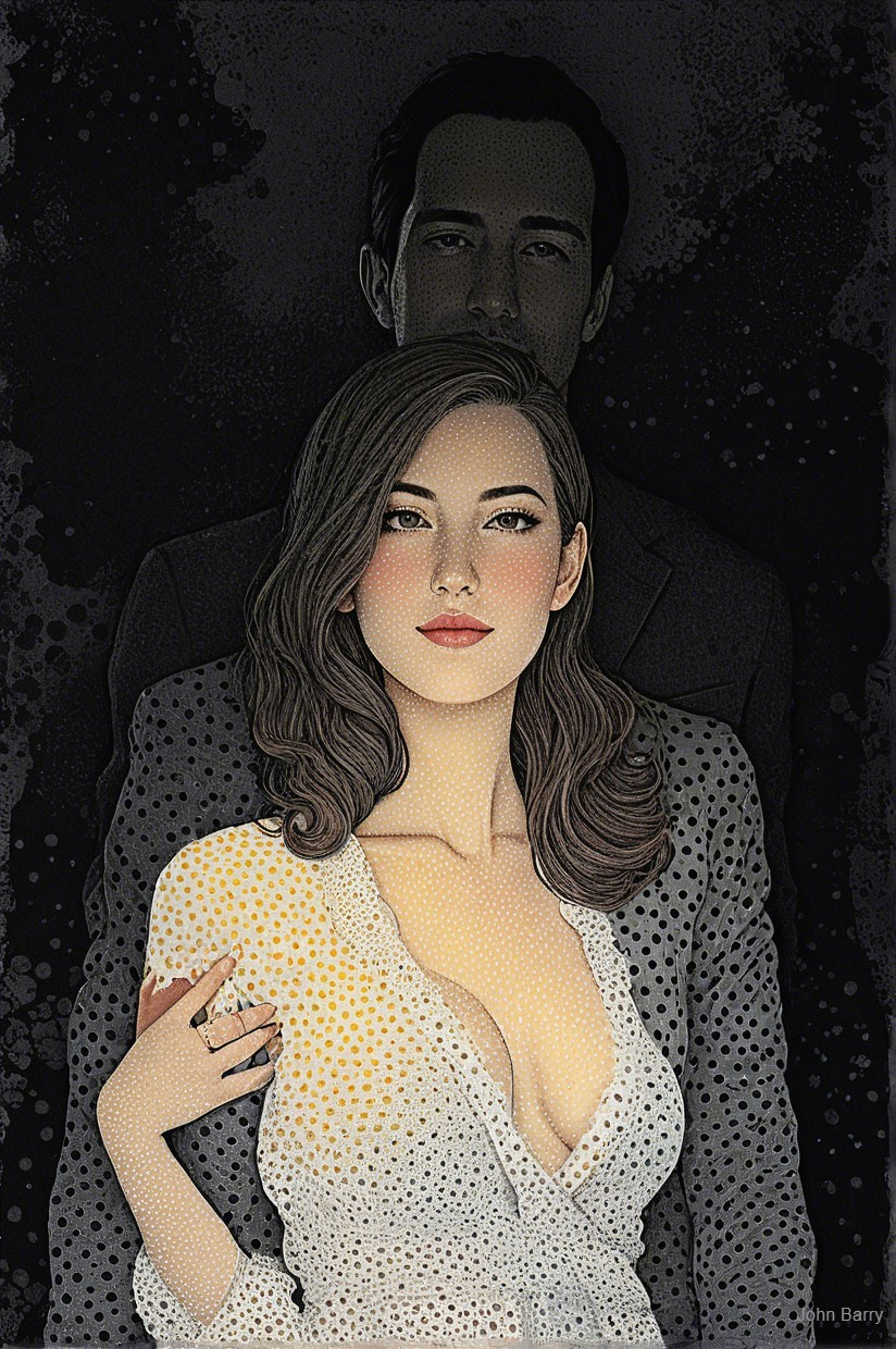 Woman in Sheer Top with Shadowy Figure Behind