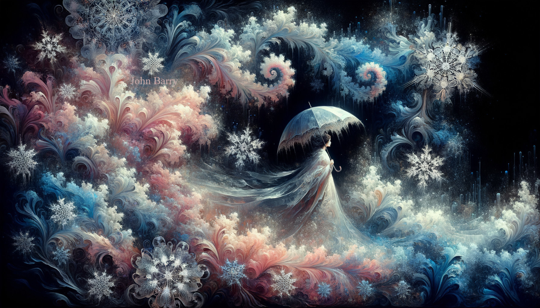 Ethereal Winter Scene with Umbrella and Snowflakes