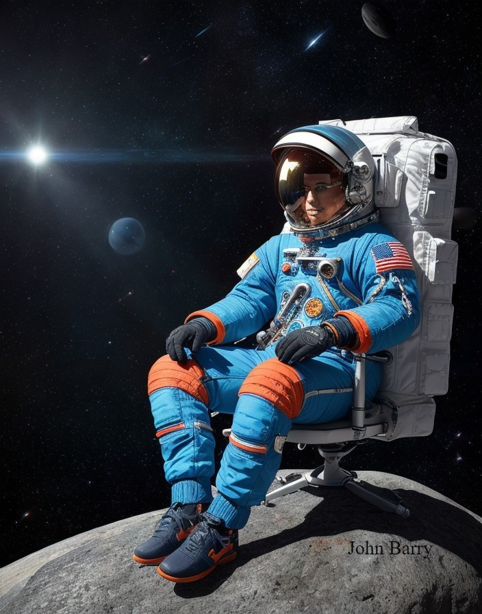 Astronaut in Blue Space Suit Sitting on Rock in Space