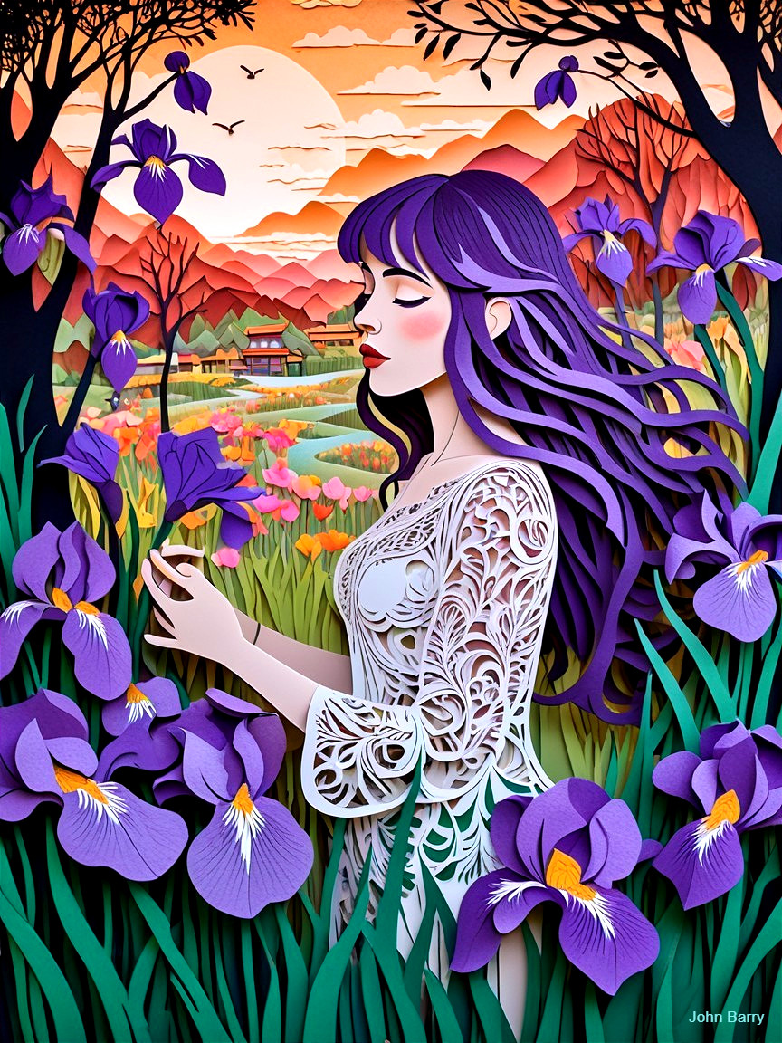 Serene Woman in Lace Dress Among Purple Irises