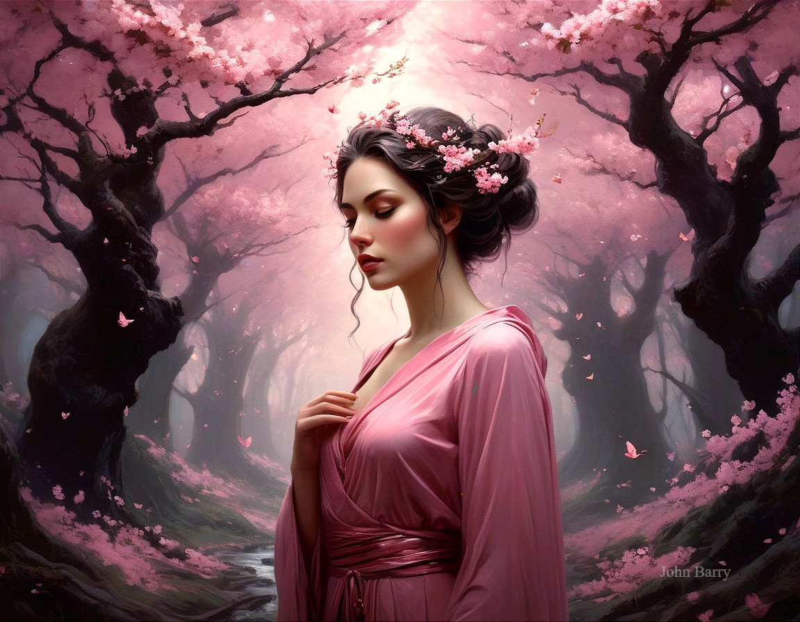 Serene Woman in Dreamlike Cherry Blossom Forest