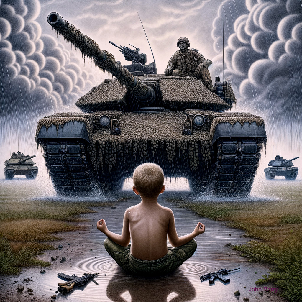 Young Boy Meditates Near Camouflaged Tank Under Clouds