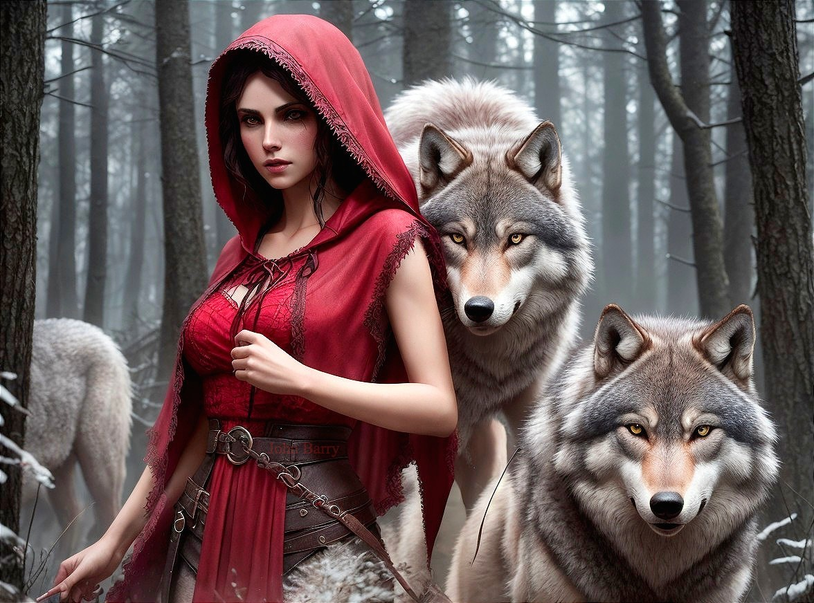 Mysterious Figure in Red Cloak with Wolves in Foggy Forest