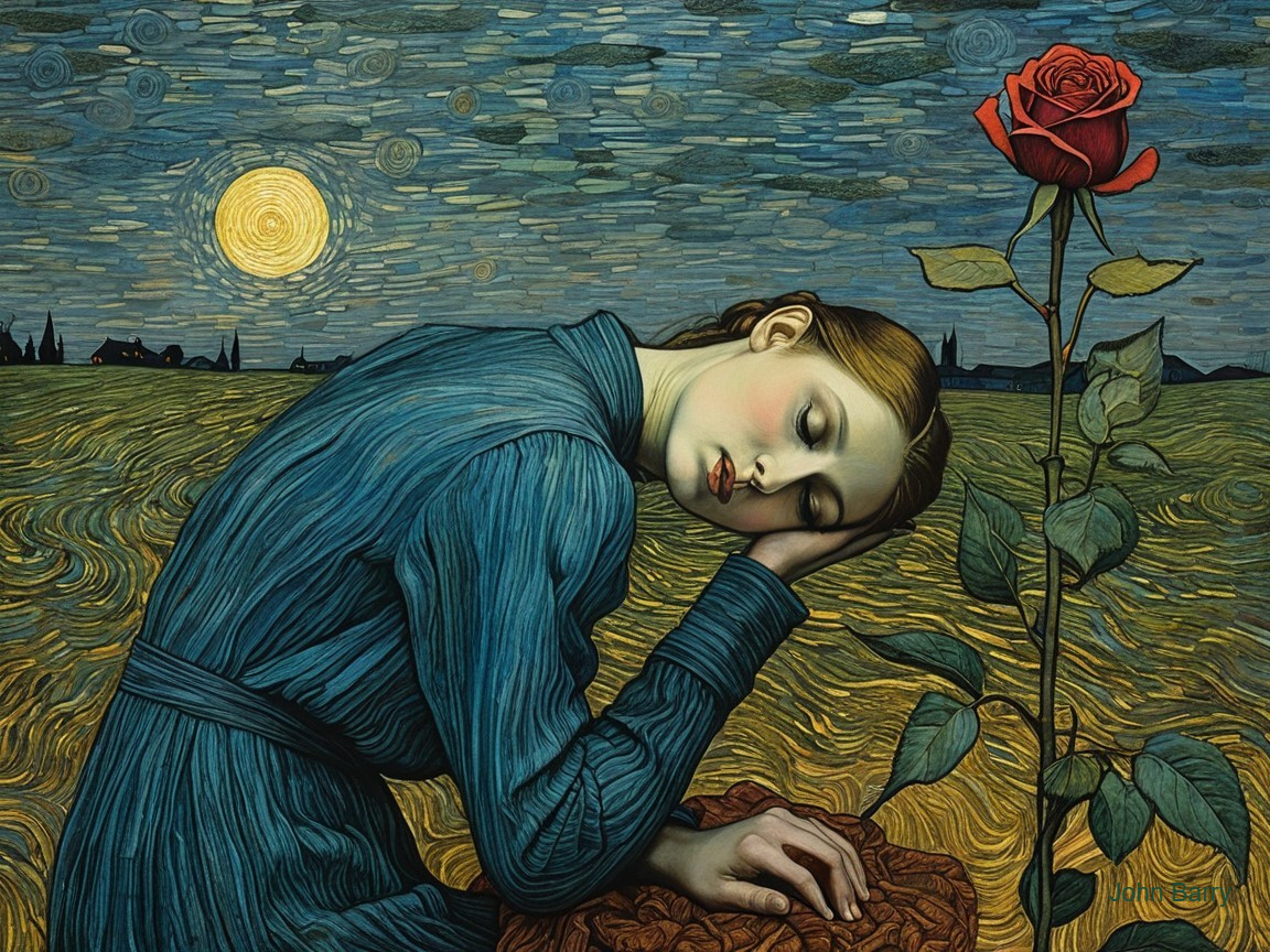 Woman in Blue Dress Amidst Starry Sky and Moon