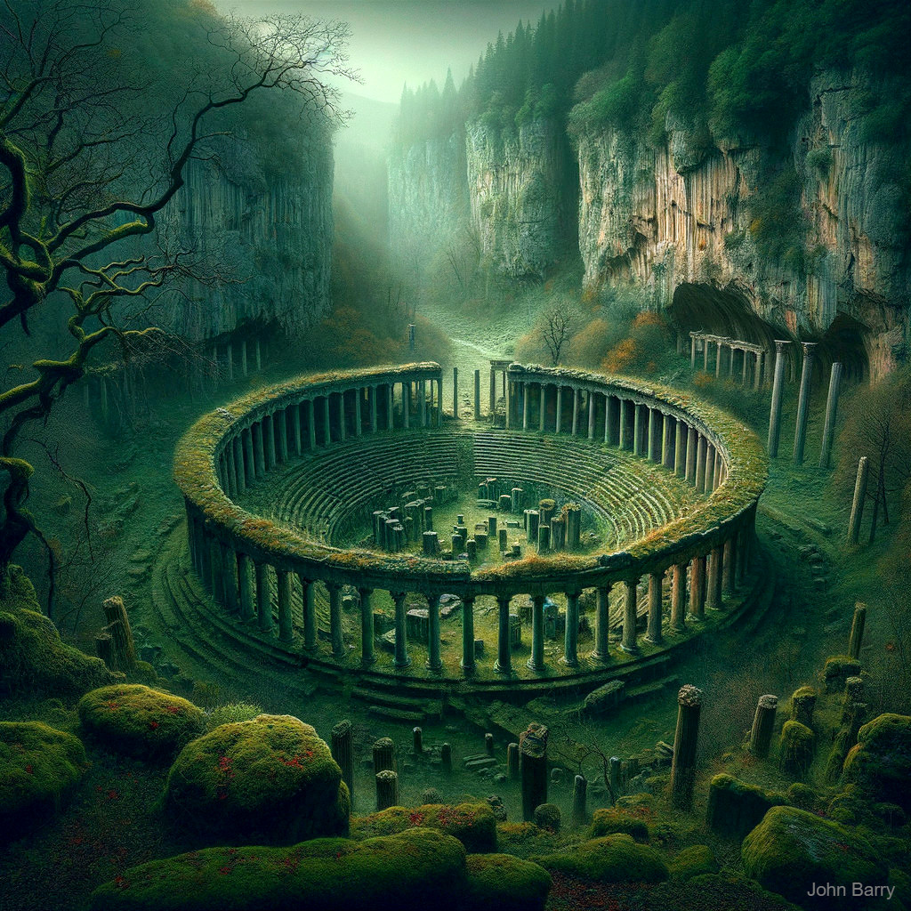 Ancient Ruins Surrounded by Lush Green Valley