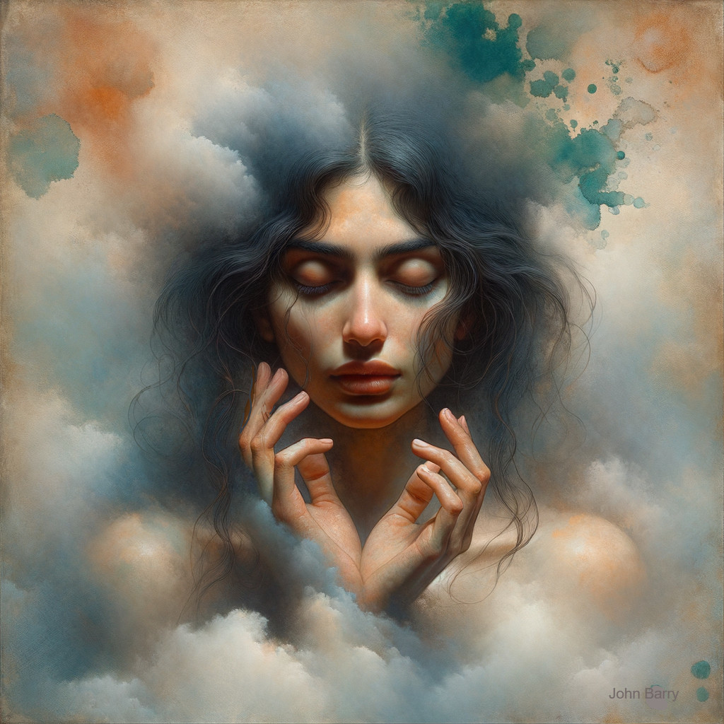 Serene portrait of a young woman in dreamlike clouds