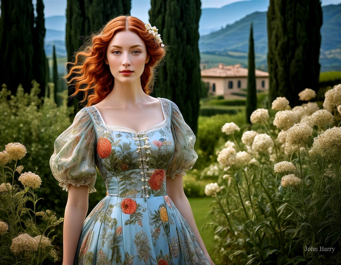 Young Woman in Floral Dress in Lush Garden Setting