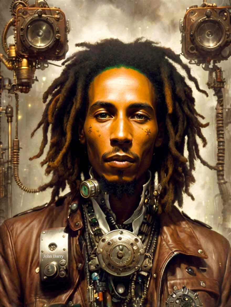 Portrait of a man with dreadlocks in steampunk style