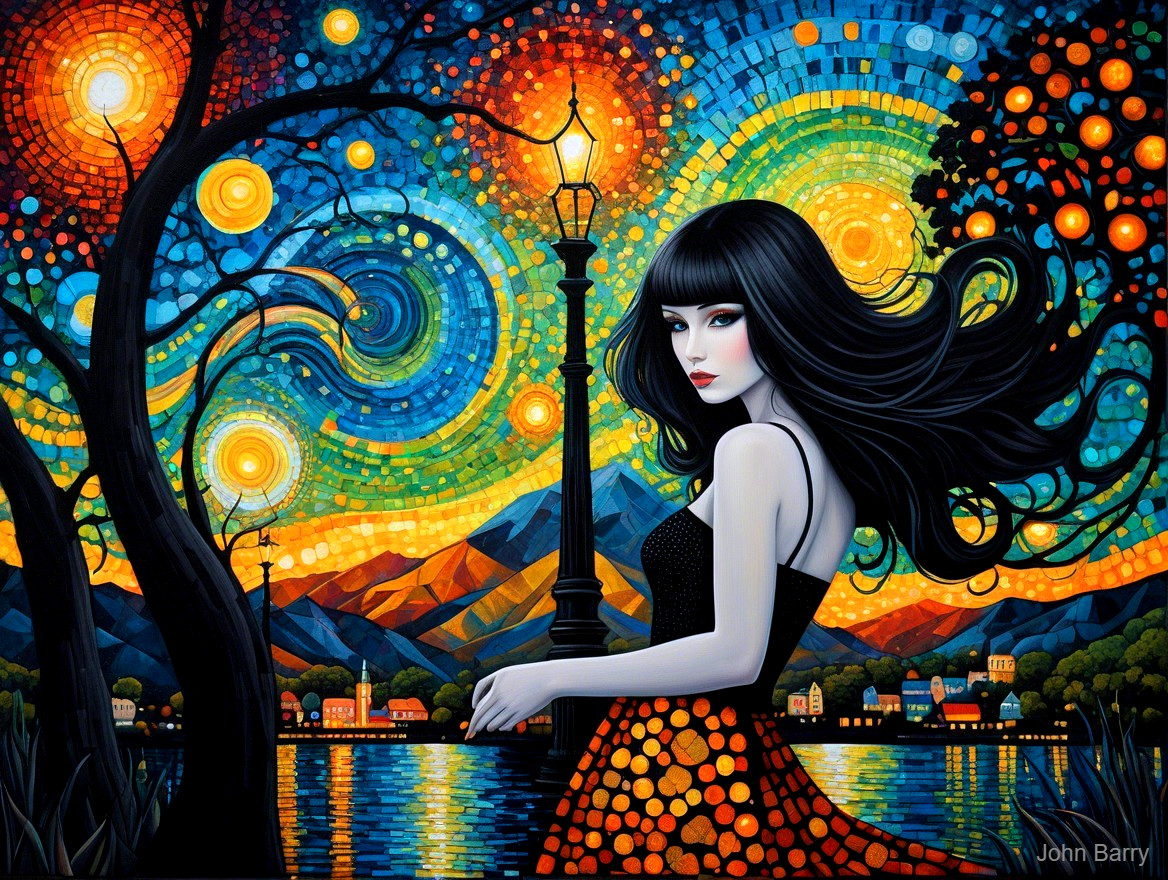 Vibrant Artwork of Woman in Dotted Dress by Lake