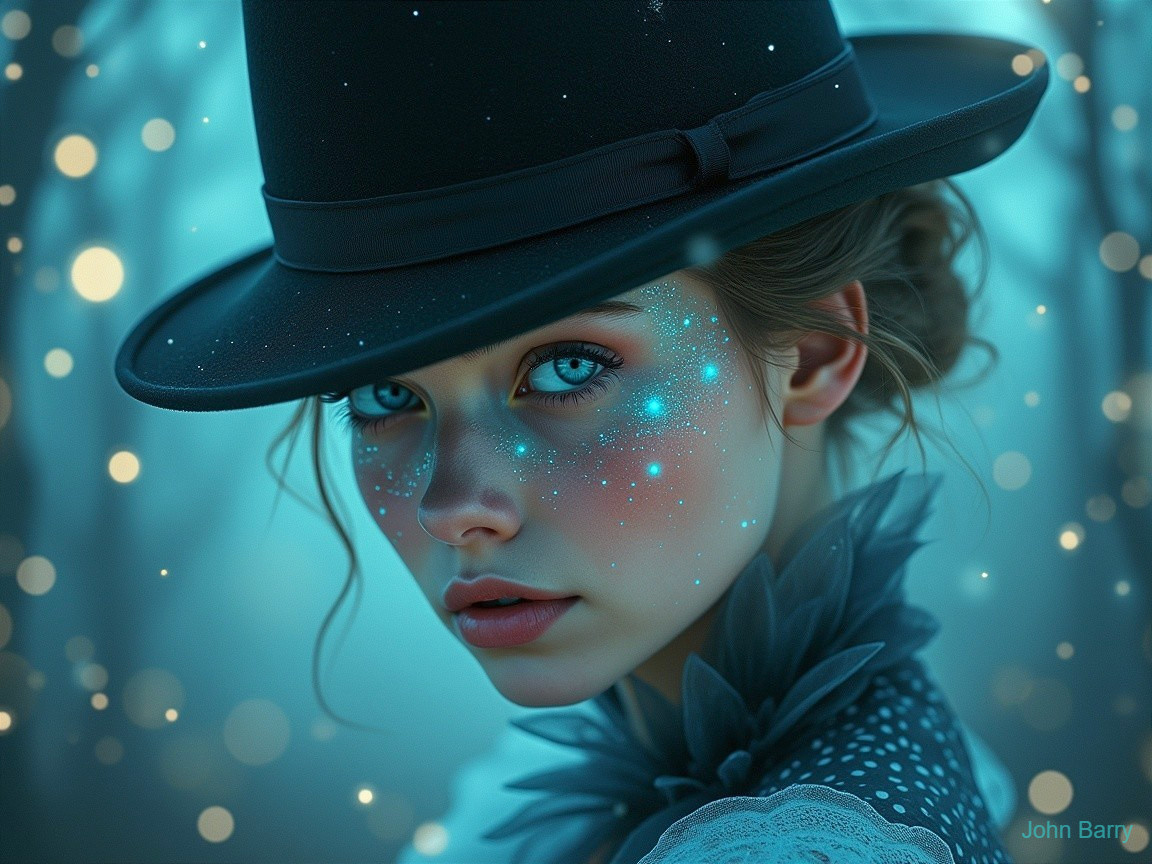 Young Woman with Blue Eyes in Dreamy Background