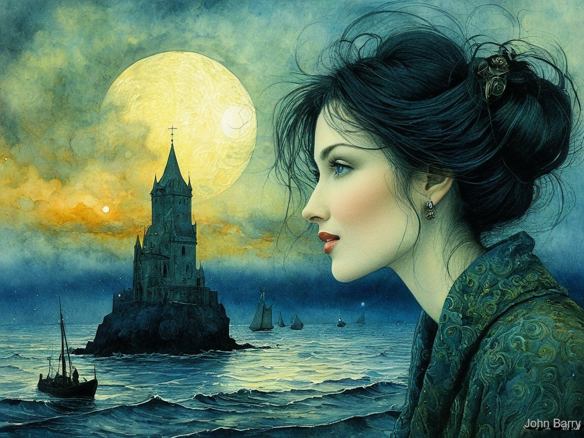 Serene woman with mystical castle and glowing moon