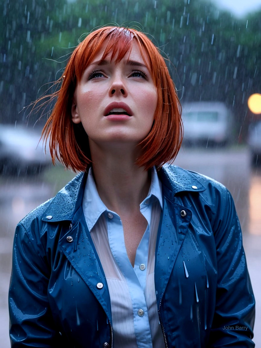 Young Woman with Red Hair in Rainstorm Setting