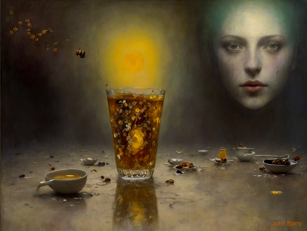 Surreal Scene with Glass, Shimmering Beverage, and Face