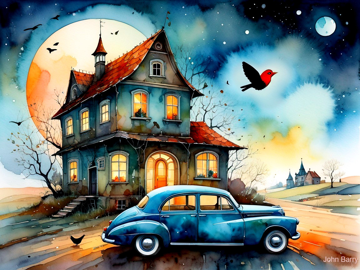 Whimsical Watercolor of House Under Starry Sky