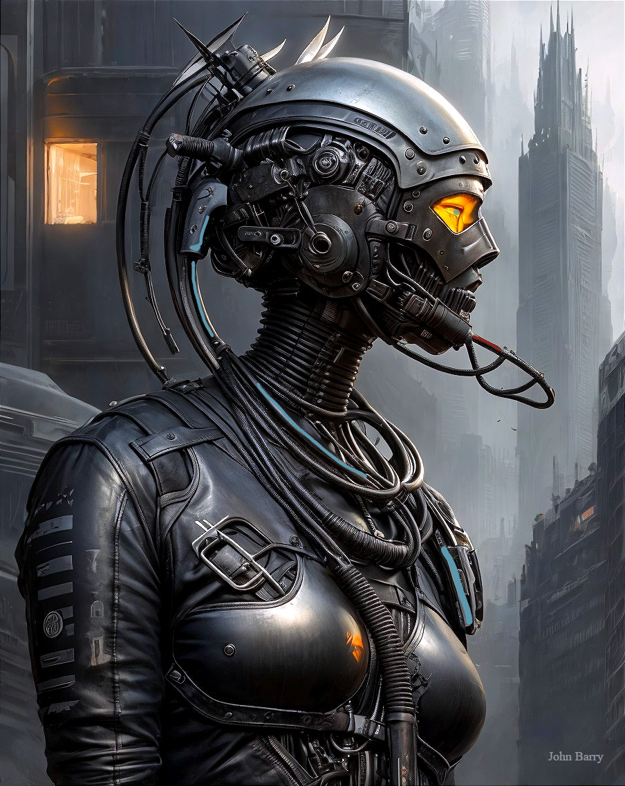 Futuristic Cybernetic Humanoid in Dystopian Cityscape