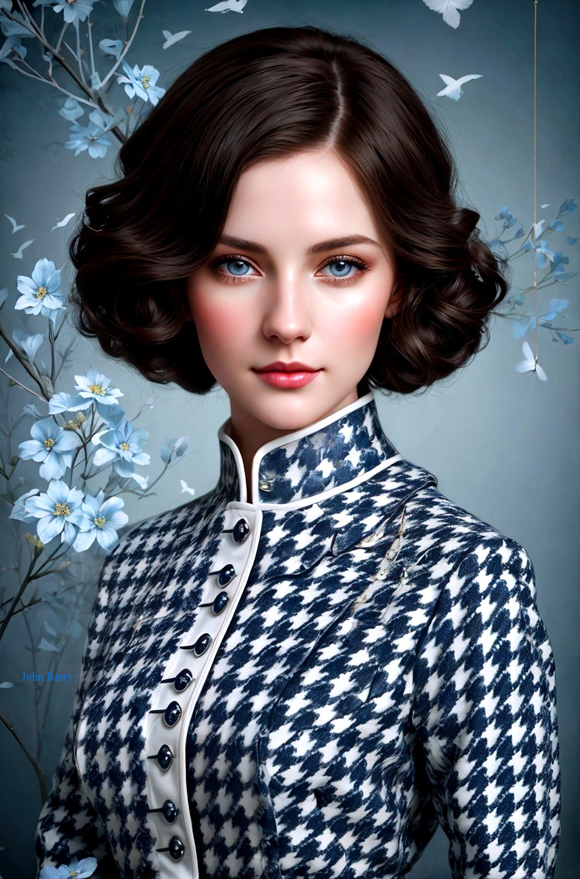 Young Woman with Blue Eyes in Houndstooth Jacket