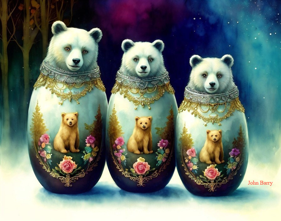 Matryoshka Dolls Featuring Polar Bears and Floral Patterns
