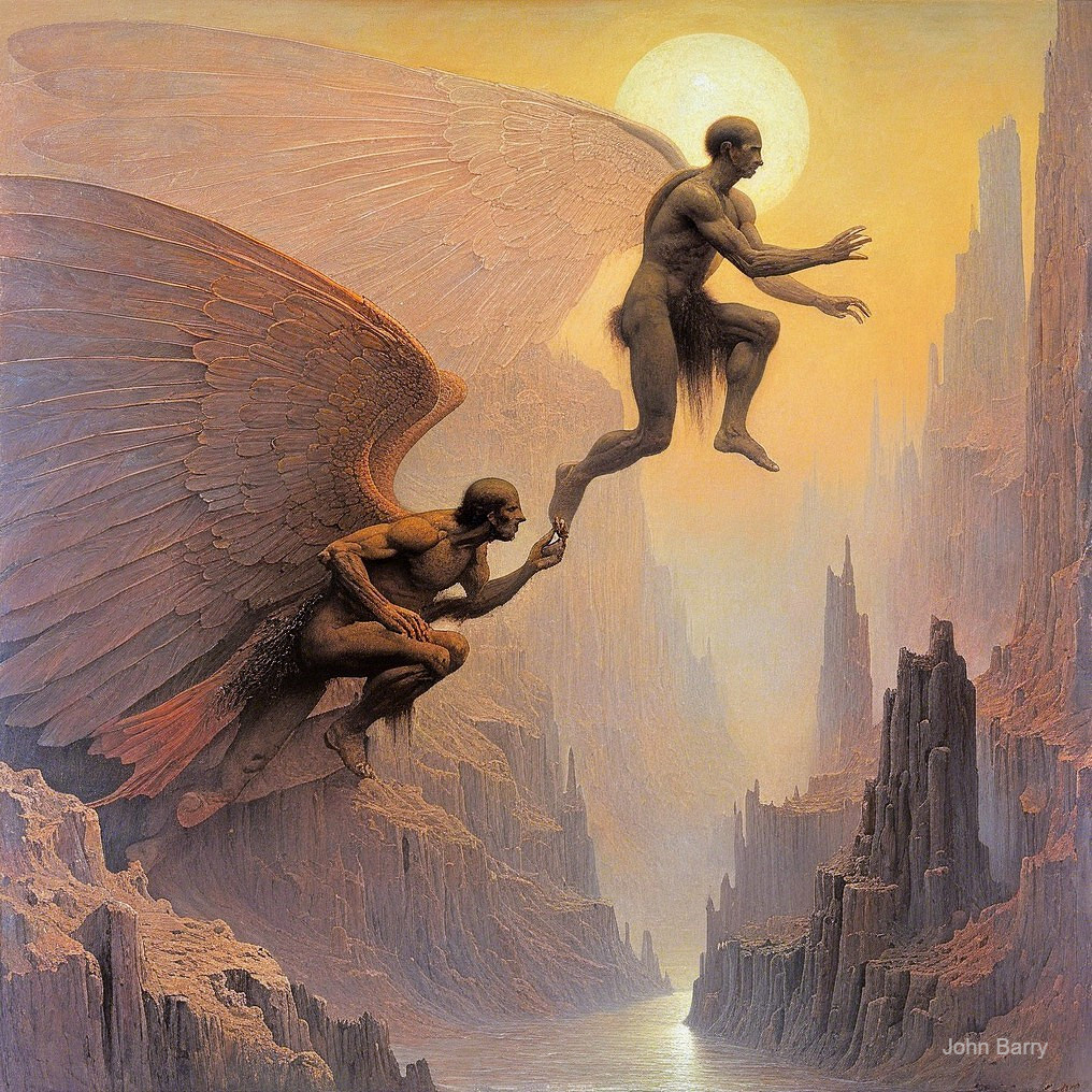 Surreal Artwork of Winged Figure and Wingless Human