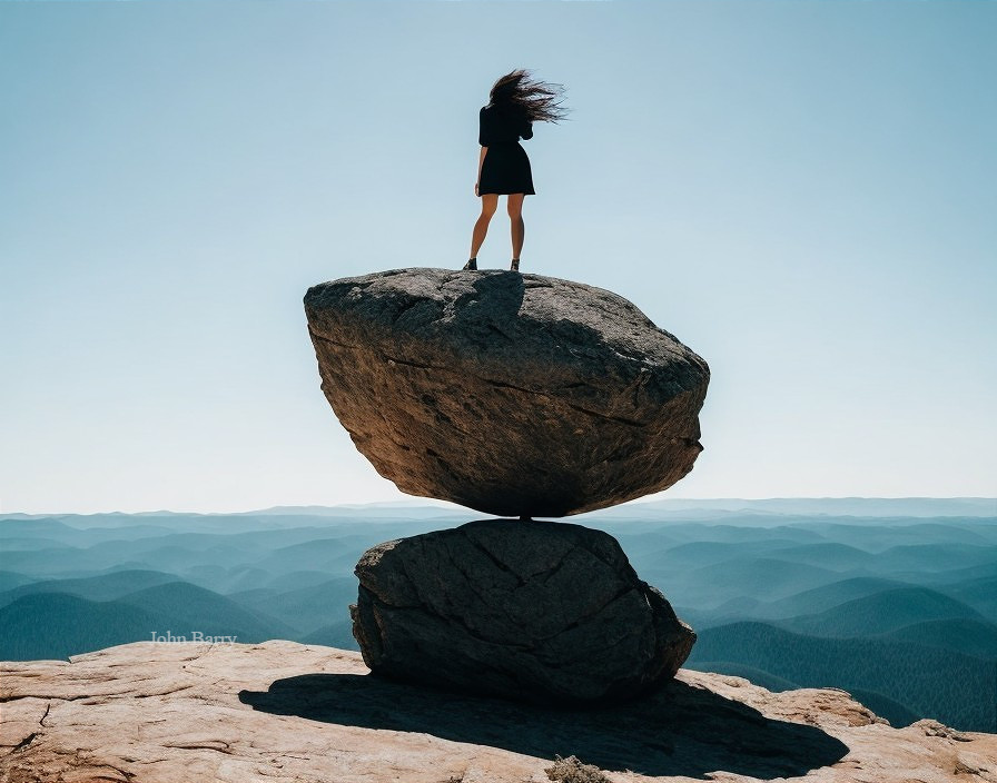 Woman on Rock Formation with Scenic Hills and Sky