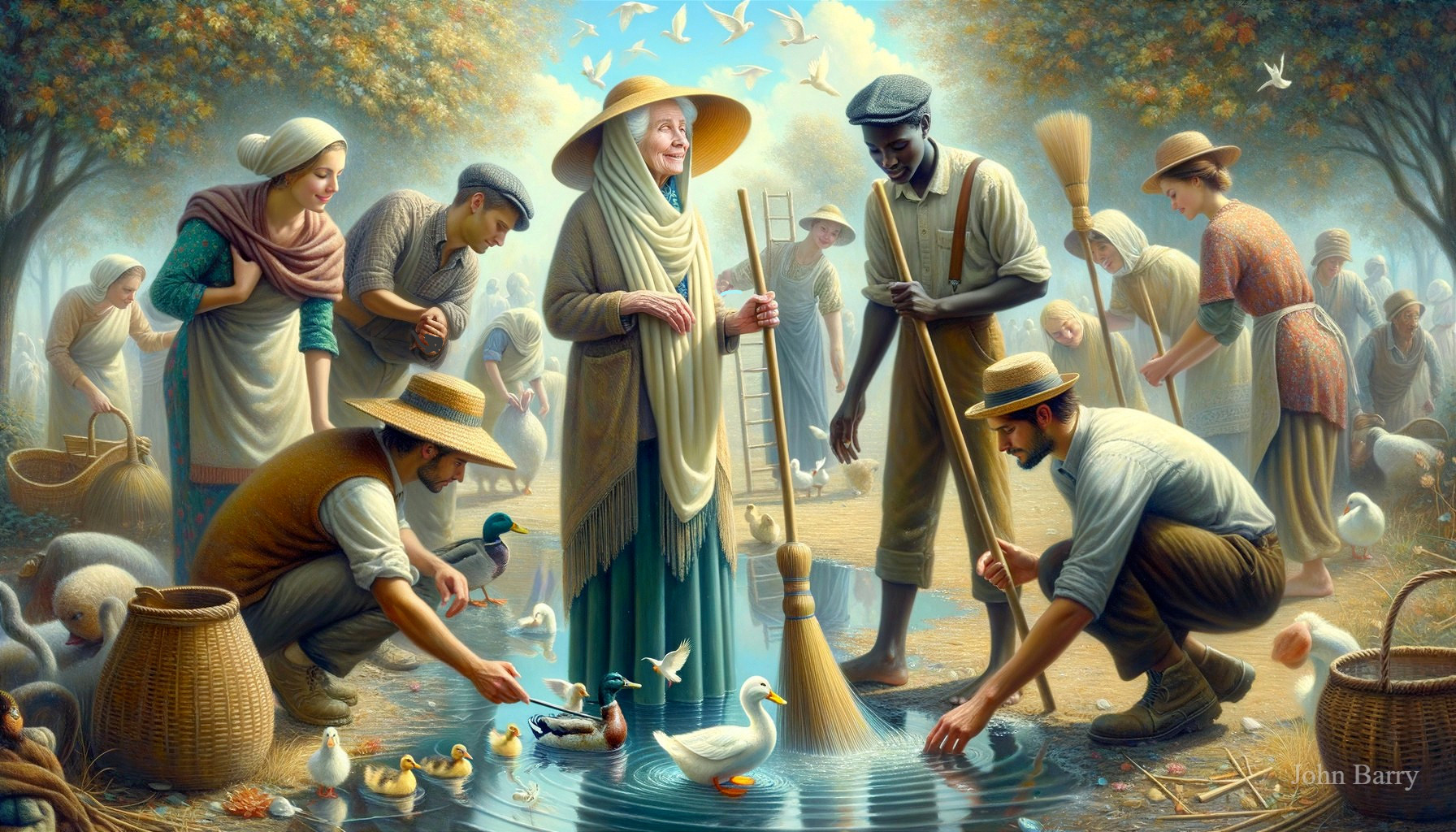 Serene Rural Scene with Community Activities by a Pond