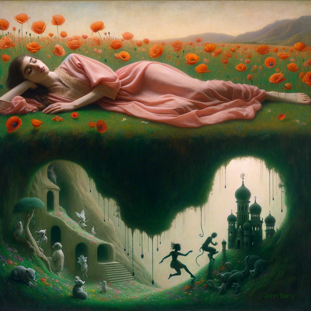 Woman in Pink Dress Surrounded by Poppies and Fantasy