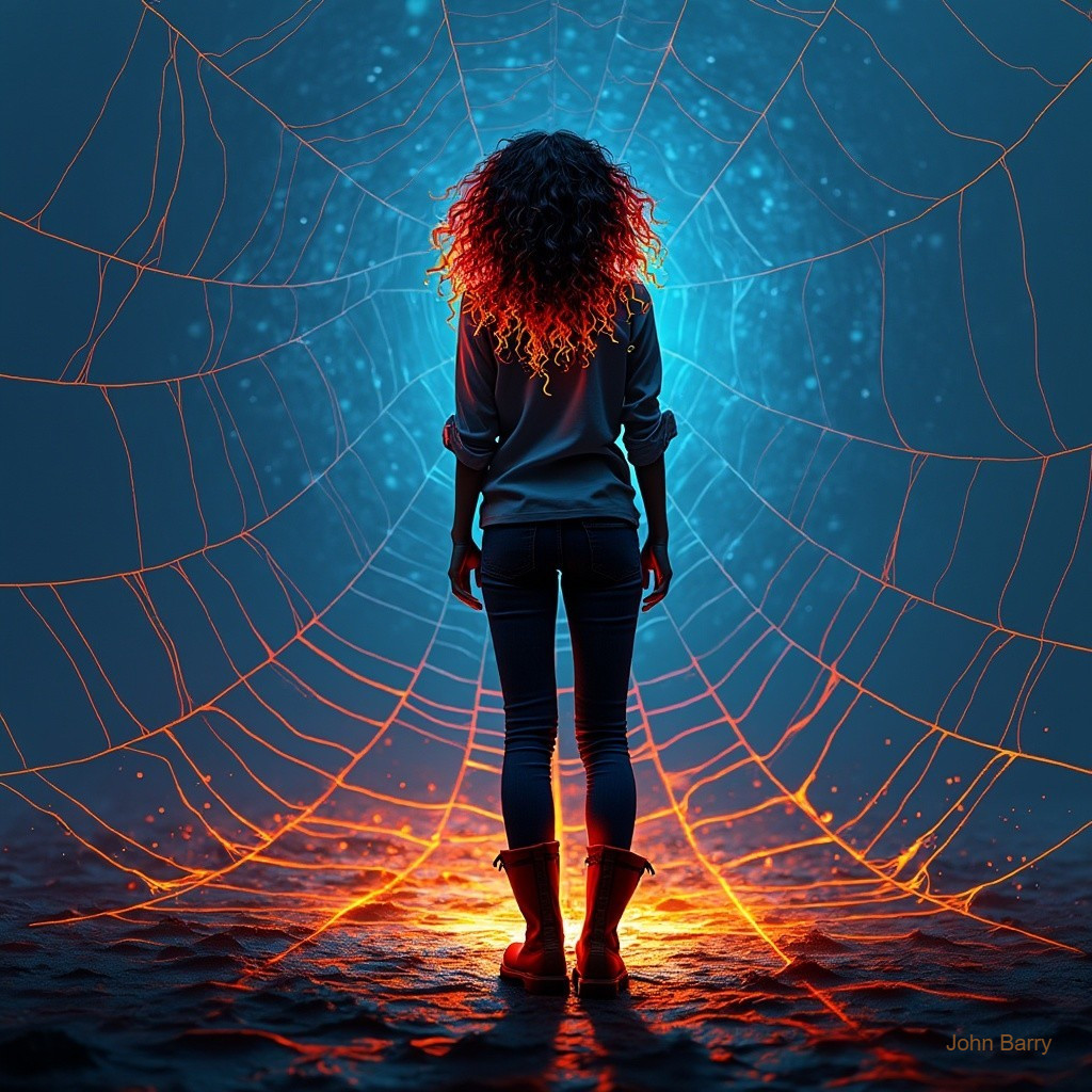 Silhouetted Figure in Glowing Spider Web Environment