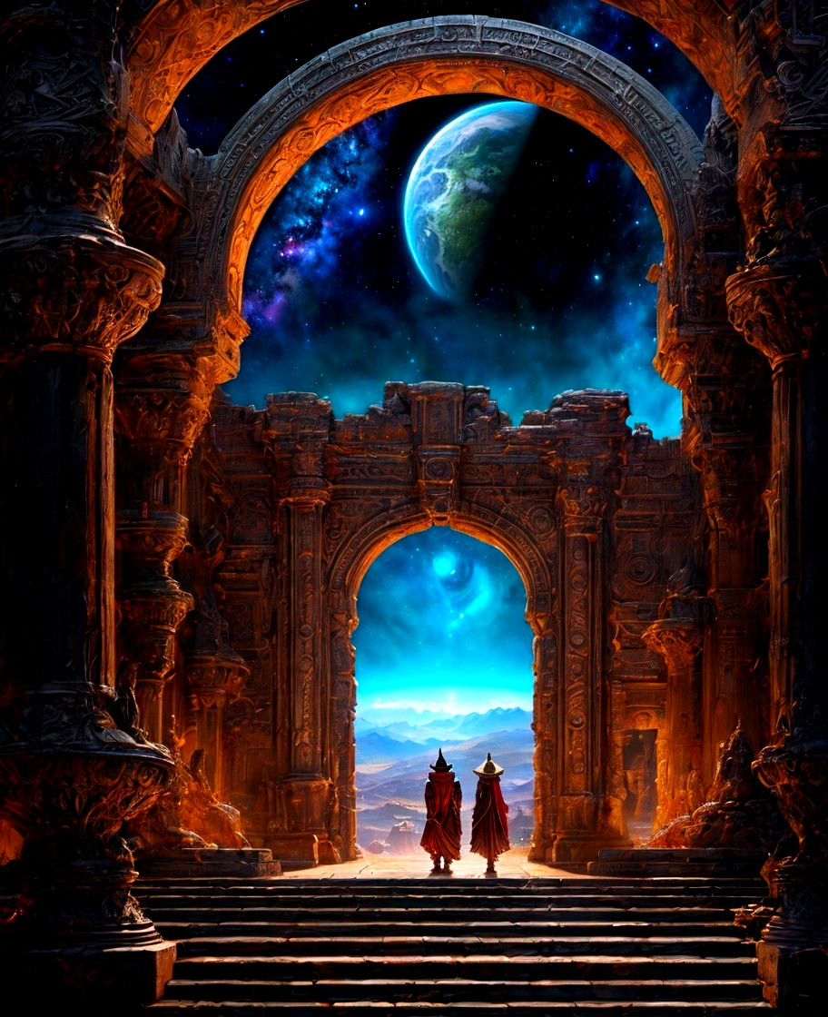 Robed figures under glowing archway view celestial scene