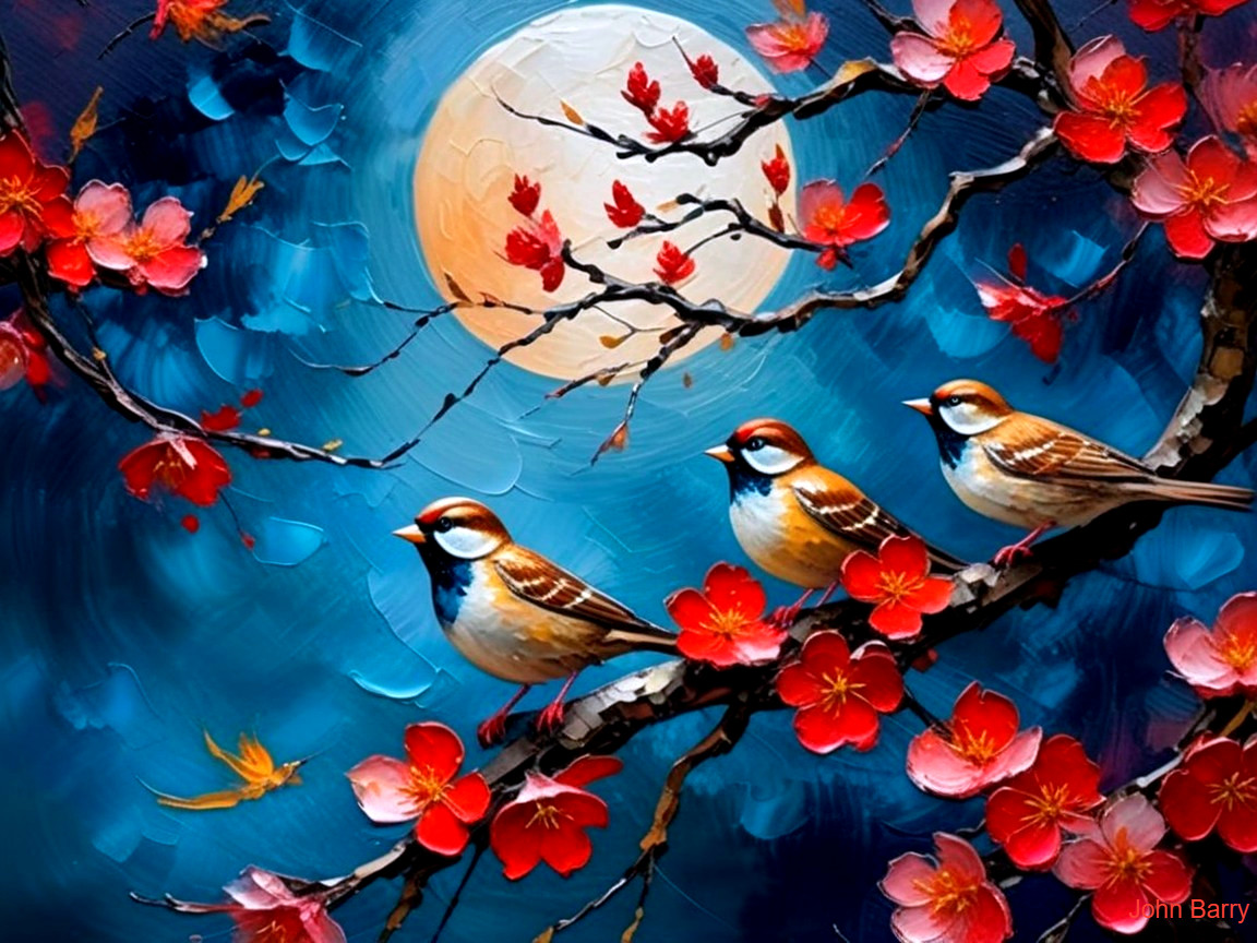 Sparrows on a branch with red flowers and blue sky