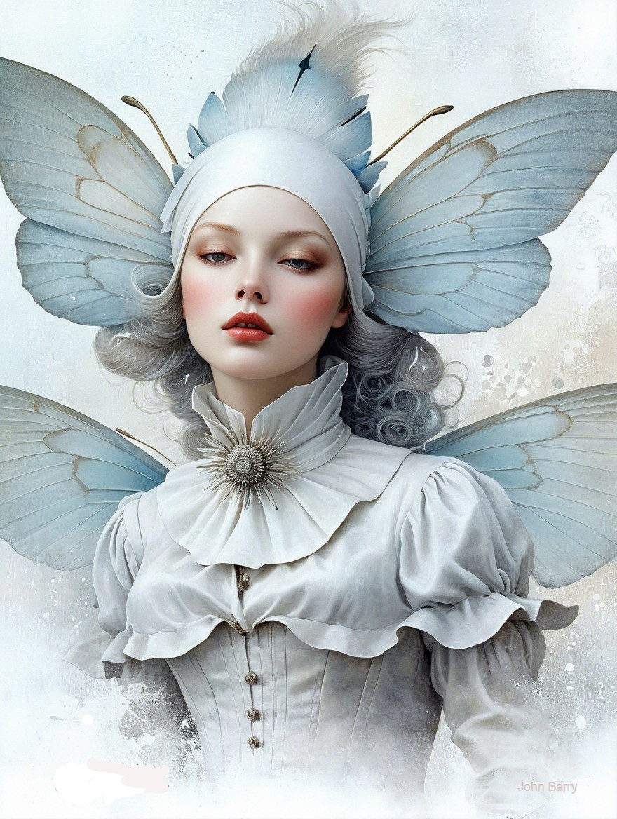 Serene figure in white attire with butterfly wings