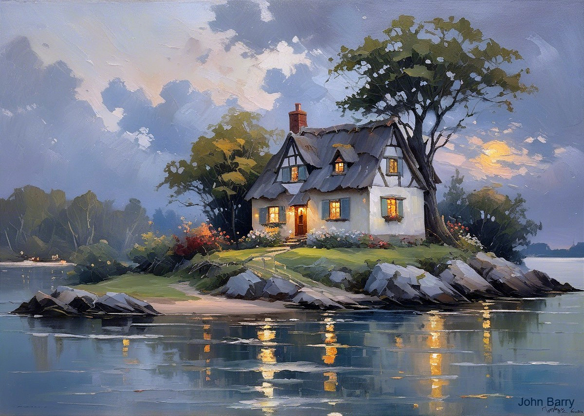 Charming Cottage on an Island at Dusk with Flowers