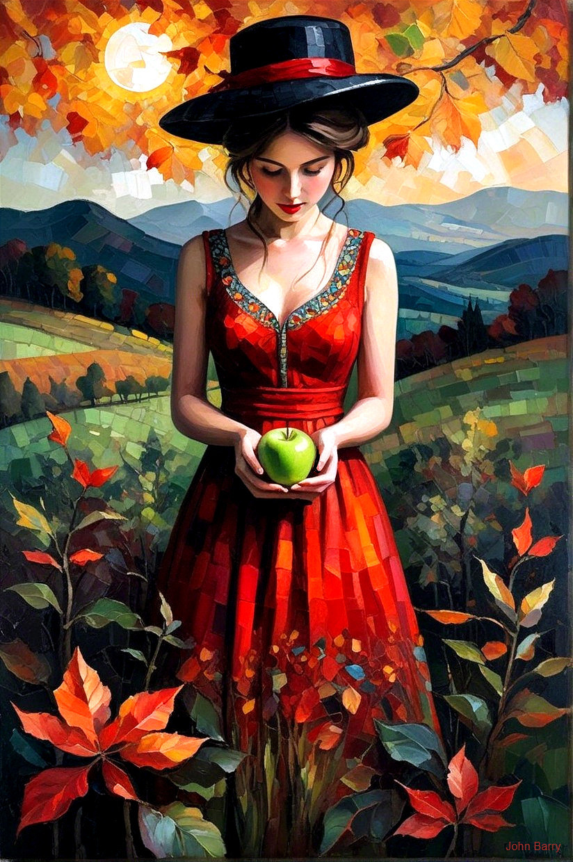 Autumn Scene with Woman in Red Dress and Apple