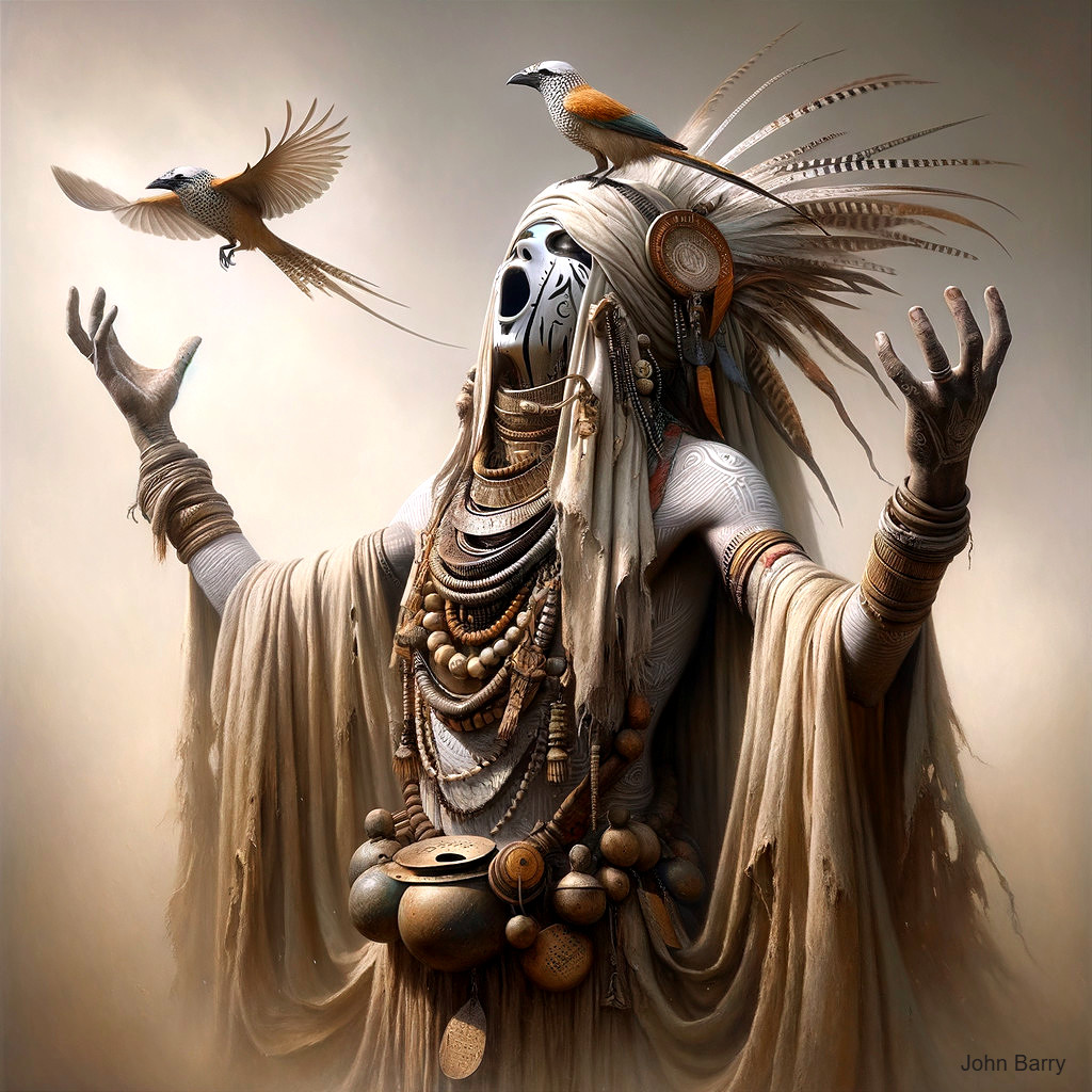 Tribal Figure in Ornate Attire with Colorful Birds