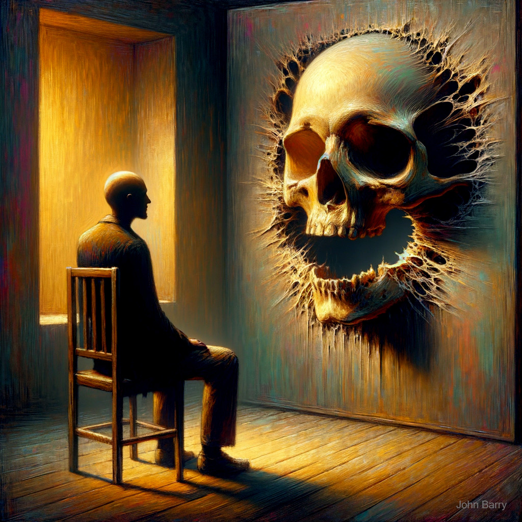 Solitary Figure Contemplates Skull Mural in Dim Room