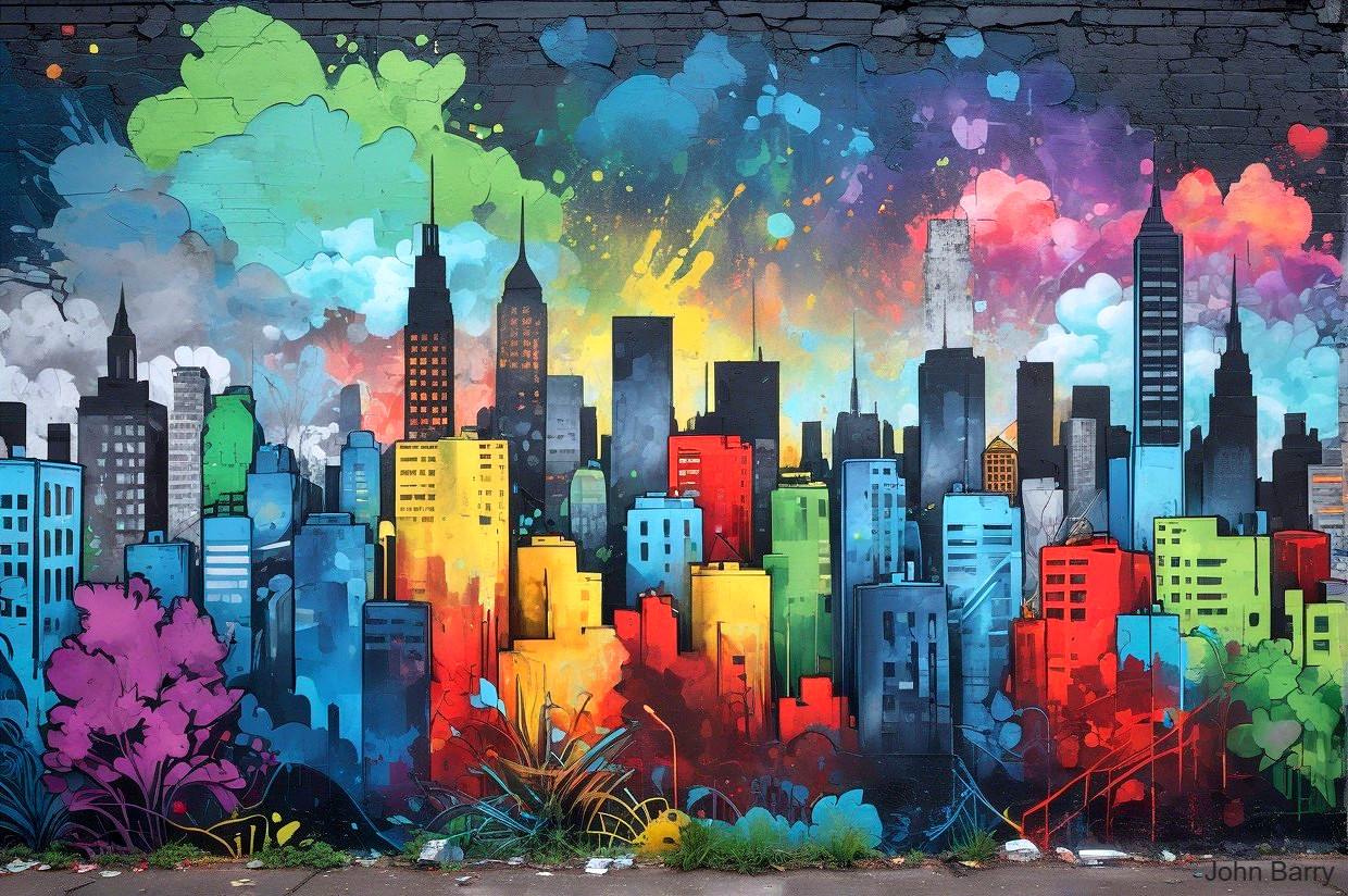 Colorful City Skyline Mural with Nature Elements