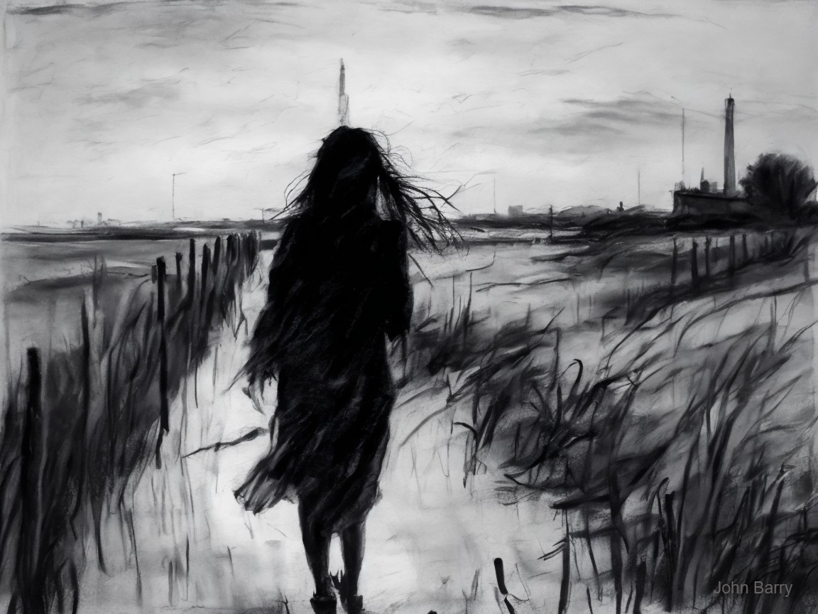 Solitary Figure on a Desolate Path in Gray Landscape