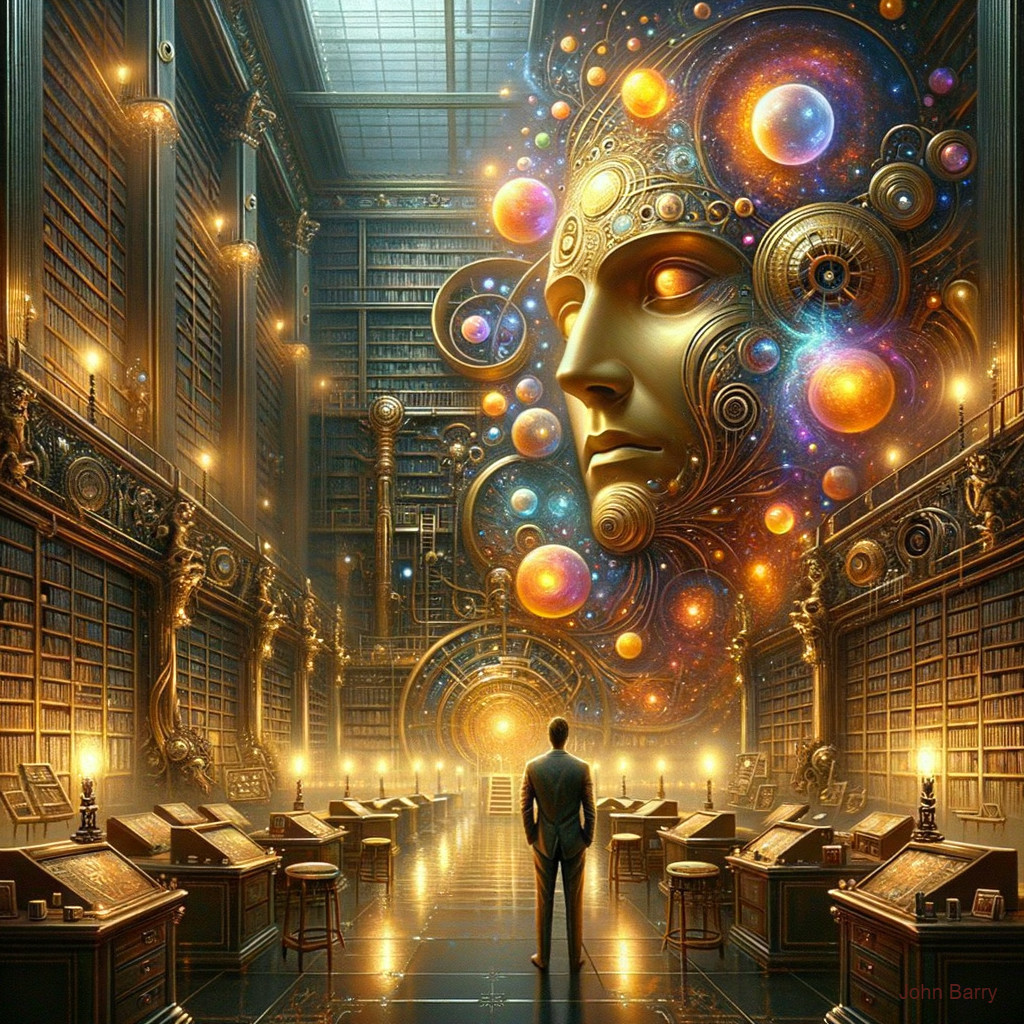 Futuristic library with cosmic elements and warm lighting