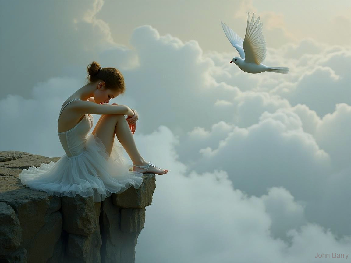 Ballerina in Tutu on Rocky Precipice with Dove
