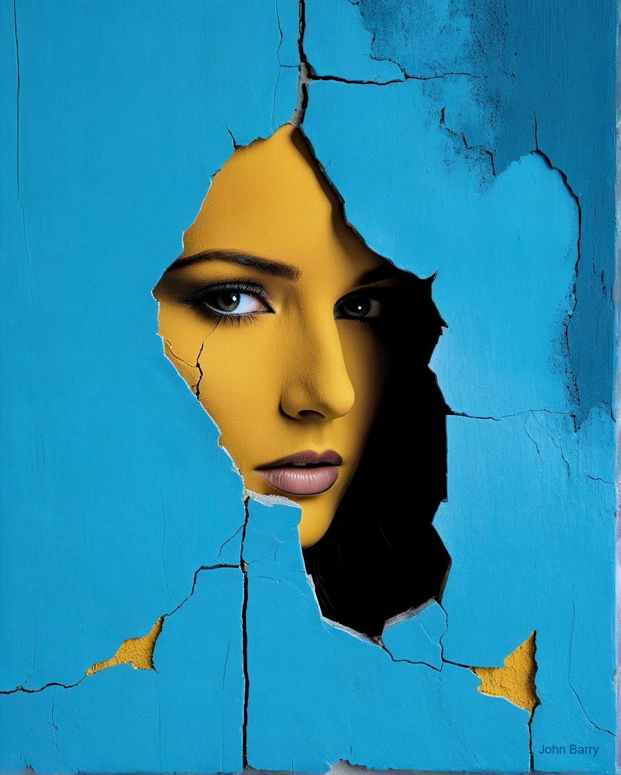 Portrait of a woman's face through a cracked blue surface
