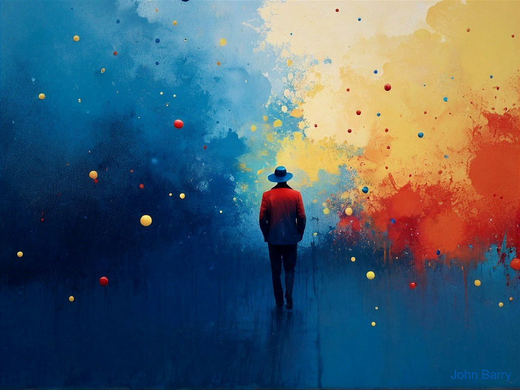 Solitary Figure in Red Coat Against Vibrant Abstract Background