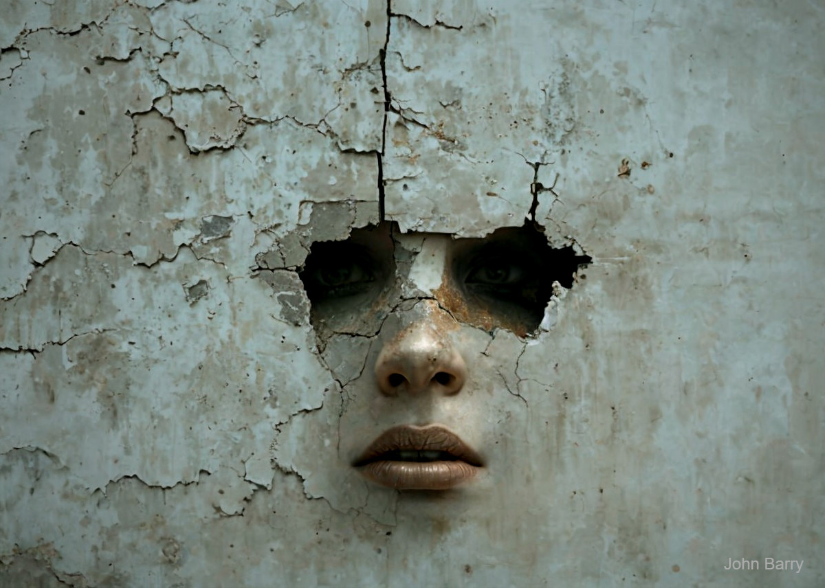 Expressive Face Obscured by Cracked Wall Texture