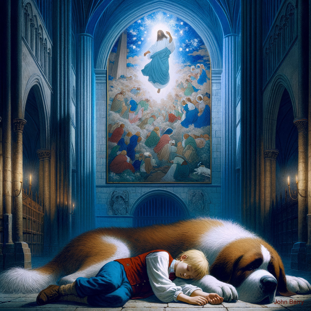 Serene Cathedral Scene with Sleeping Boy and Dog