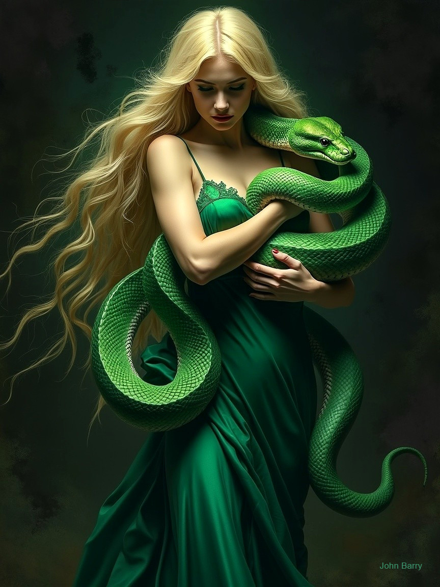 Woman in Green Gown Embracing a Green Snake